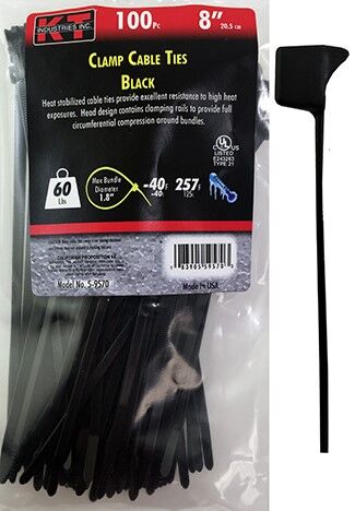 8" Clamp Cable Ties in Black - 100/pk
