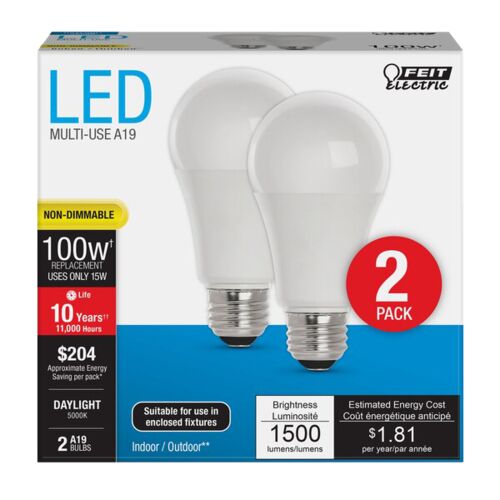 2 Pack 14.5 Watts A19 120 VAC Medium E26 Daylight LED Bulb