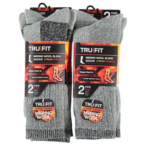 TRU FIT Men's 2-Pack Merino Wool Crew Socks in Grey