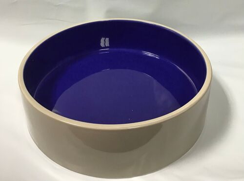 Tan / Royal Blue Stoneware Crock Dog Dish 9.5