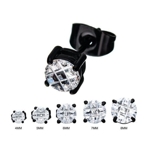 Stainless Steel and Black Plated with Hashtag CZ Round Cut Stud Earrings - 4 mm
