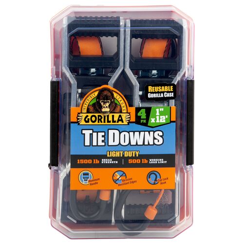 1" x 12' Light Duty Tie Down Ratchet Strap - 4-Pack