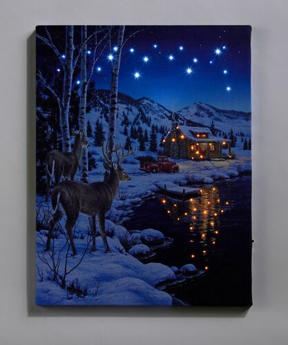 Christmas LED Canvas Print w/Timer in Reindeer & Cabin