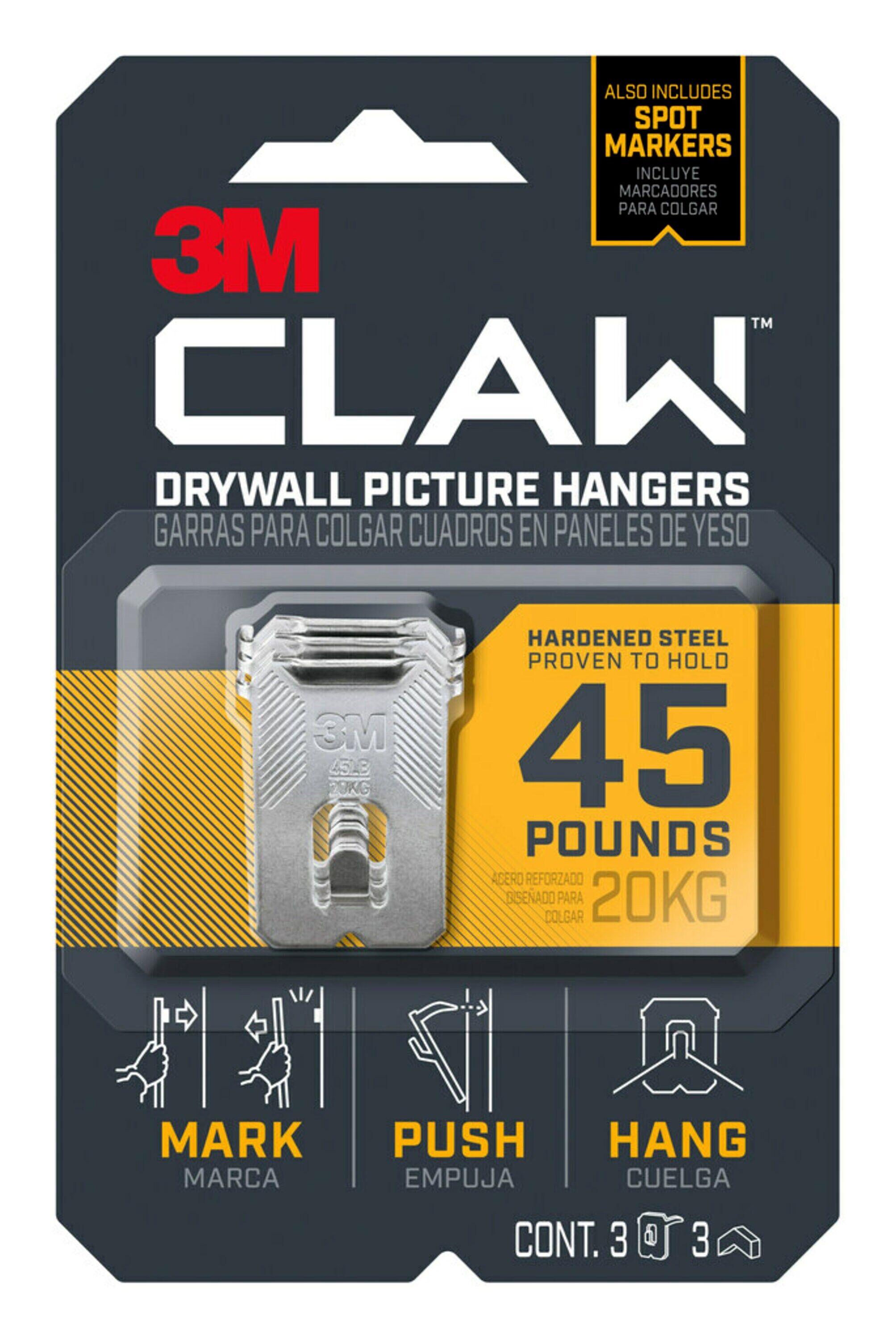 3 Pack CLAW 45 lbs. Drywall Picture Hanger with Temporary Spot Marker