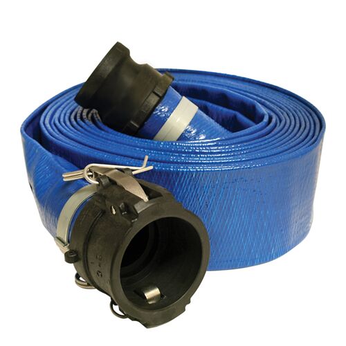2" x 25' Blue Standard-Duty PVC Layflat Discharge Hose Assembly with Polypropylene Cam Lock