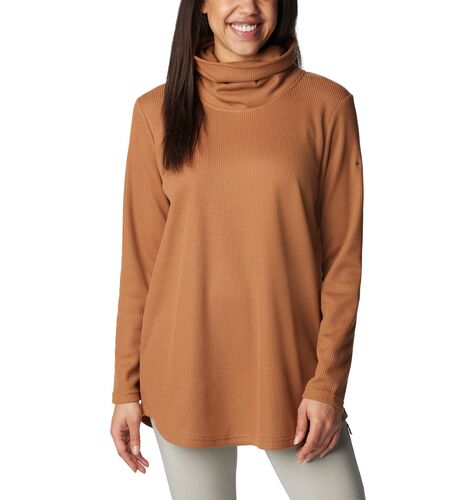 Women's Holly Hideaway Waffle Cowl Neck Pullover in Camel Brown