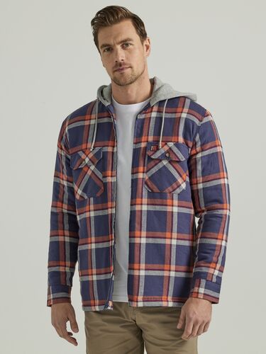 Men's Riggs Workwear Hooded Flannel Work Jacket in Navy Orange