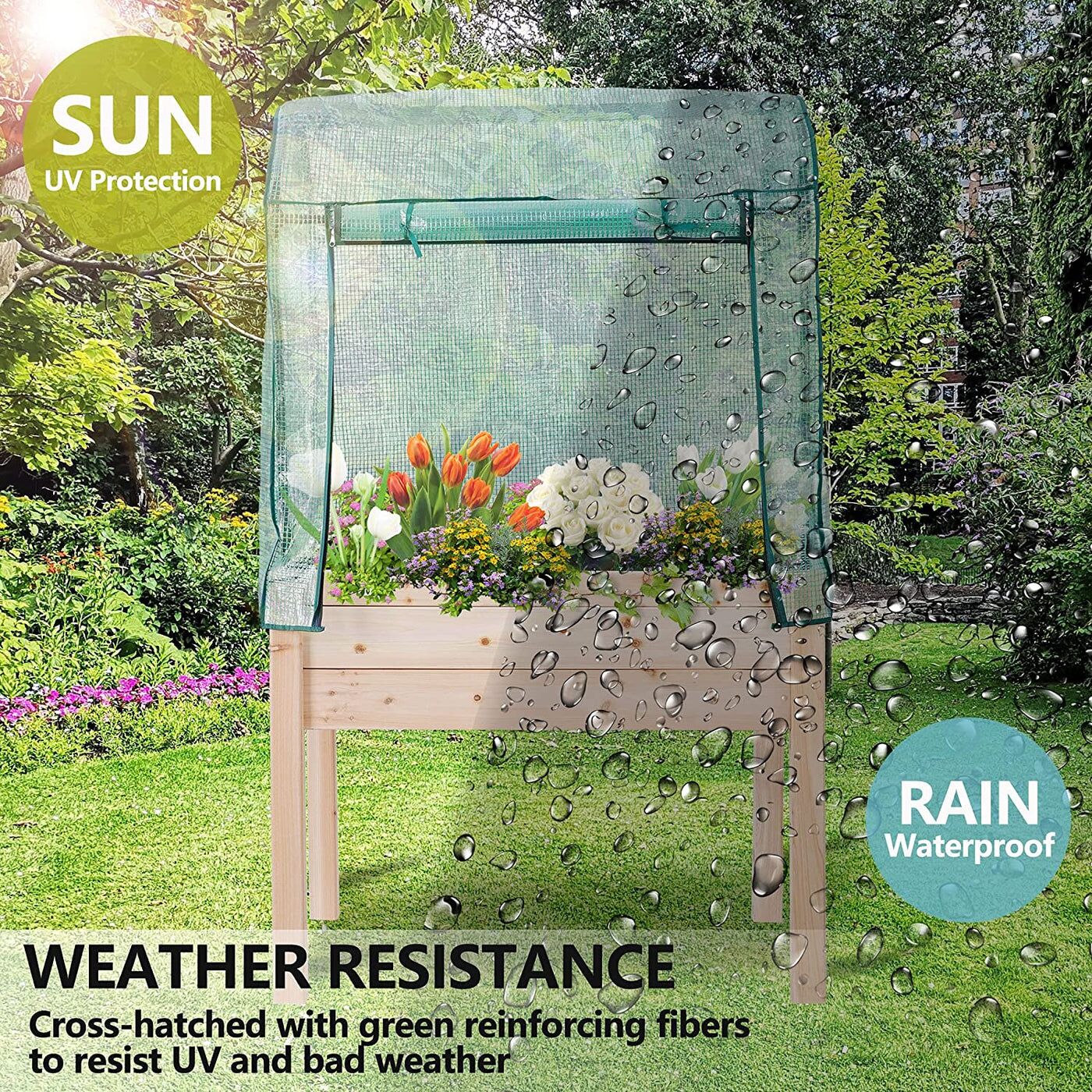 Elevated Wooden Gardening Bed with Greenhouse Cover