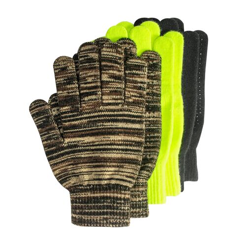 3-Pair Magic Fit Grip Dot Assorted Gloves - Black/Camo/High Vis