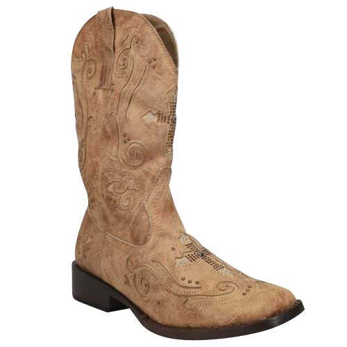 Women's Tan Faux Leather Inlay Crosses Cowboy Boots