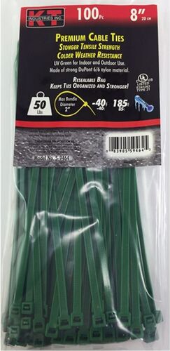 8" Standard Duty Cable Ties in Green - 100/pk