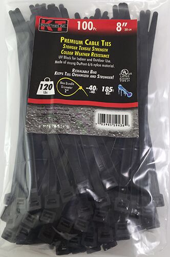 8" Premium Cable Ties in Black - 120lb - 100/pk